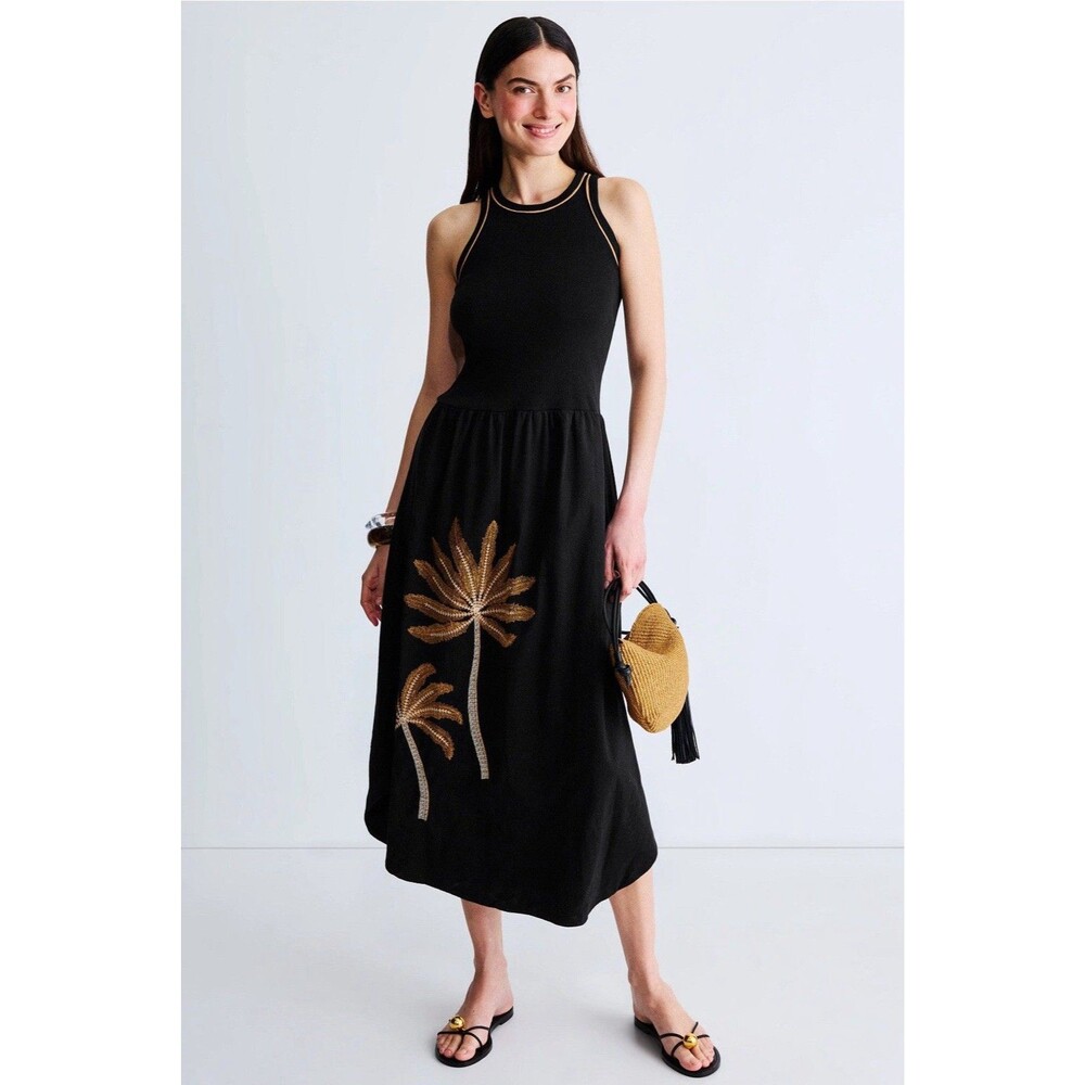 Dress To Black Embroidered Palm Tree Maxi Dress Tank Bodice Size Medium RTR